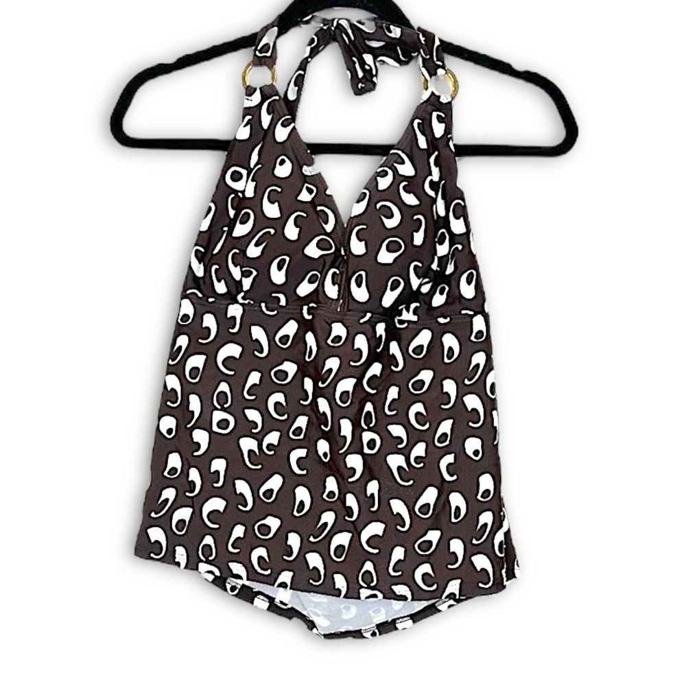 Vintage Y2K Silhouette Solutions Halter Tankini Top Brown & White Abstract Print - Picture 2 of 15